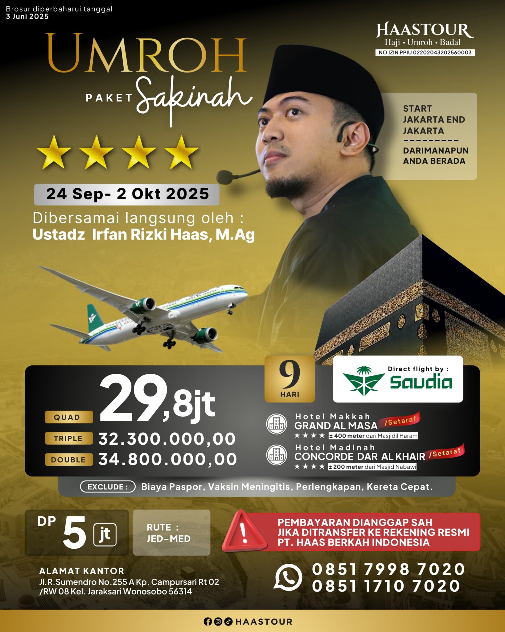 Umroh – Paket Sakinah Berangkat September – Oktober Bersama Ustadz Irfan Rizki Haas, M.Ag