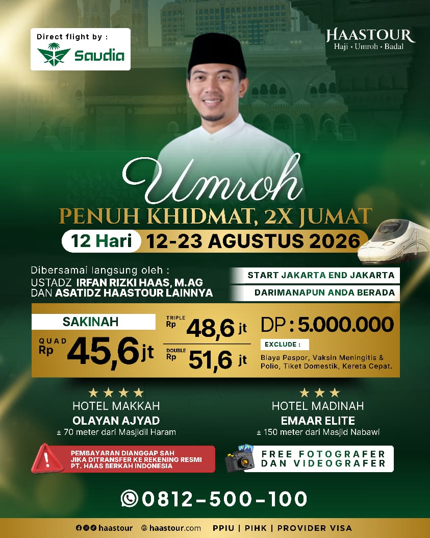 Umroh Khidmat, 2X Jum’at – Paket Sakinah Berangkat Agustus Bersama Ustadz Irfan Rizki Haas, M.Ag