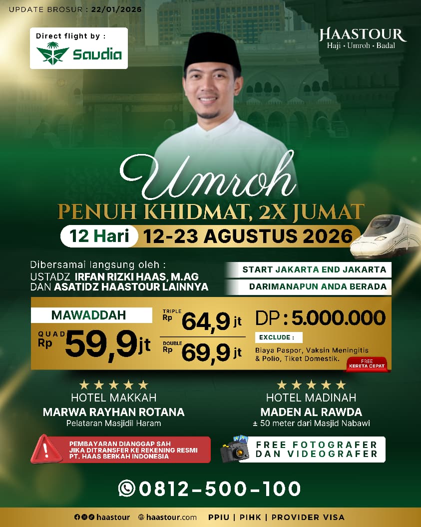 Umroh Khidmat, 2X Jum’at – Paket Mawaddah Berangkat Agustus Bersama Ustadz Irfan Rizki Haas, M.Ag