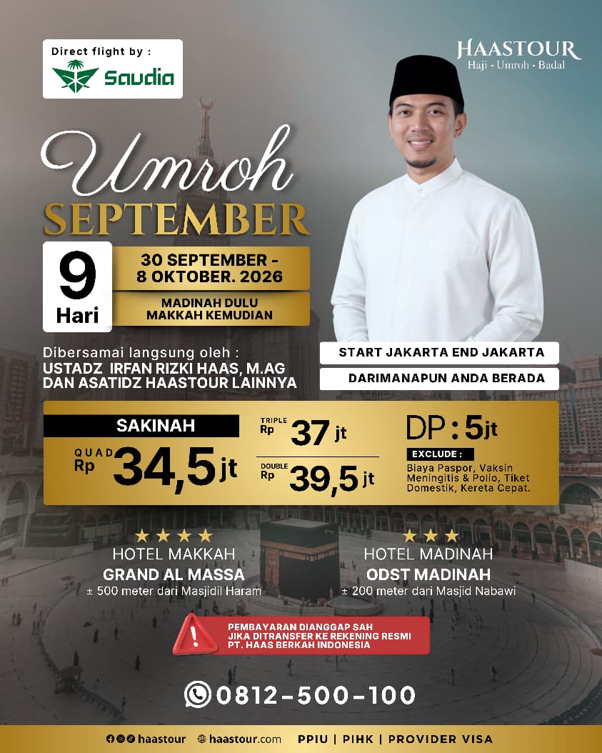 Umroh Spesial – Paket Sakinah Berangkat September Bersama Ustadz Irfan Rizki Haas, M.Ag