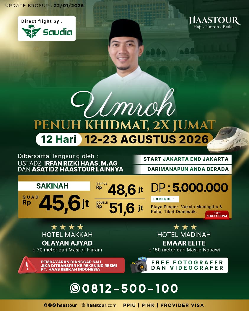 Umroh Khidmat, 2X Jum’at – Paket Sakinah Berangkat Agustus Bersama Ustadz Irfan Rizki Haas, M.Ag
